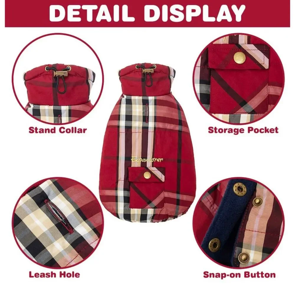 NEW Dog Jacket S Plaid Pocket Coat Windproof Clothes Buttons Fleece Windproof